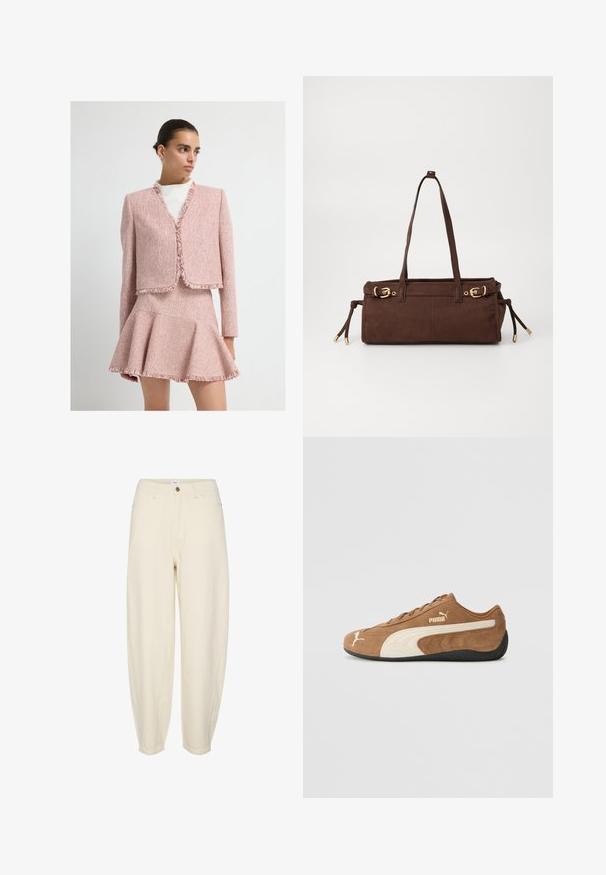 Różowa tweedowa kurtka z postrzępionymi brzegami, o prostym kroju, oraz rozkloszowana mini spódnica, z teksturowanym wzorem i długimi rękawami.; Beżowy sweter z dzianiny z wysokim kołnierzem, półdługim zamkiem błyskawicznym i rękawami z opadającymi ramionami. Posiada ściągacze na dole i przy mankietach.; Jasnobeżowe bawełniane spodnie o luźnym kroju, zwężających się nogawkach, przednich kieszeniach i pojedynczym guziku przy pasie.; Brązowe zamszowe niskie sneakersy z kremowymi akcentami, teksturowana powierzchnia, czarna gumowa podeszwa oraz wyhaftowane logo z boku i na języku.; Brązowa zamszowa torba na ramię z dwoma paskami, złotymi detalami i regulowanymi sznurkami po bokach. Posiada zamek błyskawiczny i gładką fakturę.