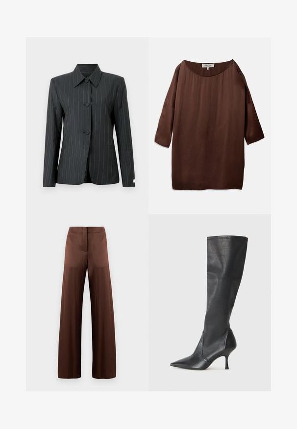 Must triibuline jakk terava kraega, kolme nupuga ja kohandatud lõikega. Omab helesiniseid triipe ja siledat tekstuuri.; Pruun, vabalt istuv pluus laia paadi kaelusega ja kolmeveerandsleevedega, valmistatud siledast, tekstuuriga kangast. Üksusel on peened kortsud.; Pruunid laiad püksid, mis on valmistatud siledast ja kergest kangast, laia esiosa, ilma taskuteta ja otsejooneliselt disainitud.; Knee-high mustad nahksaapad terava nina ja kitsaste stiilsete kontsadega. Sile tekstuur sobiva disainiga ja õmblused ülemisel serval.