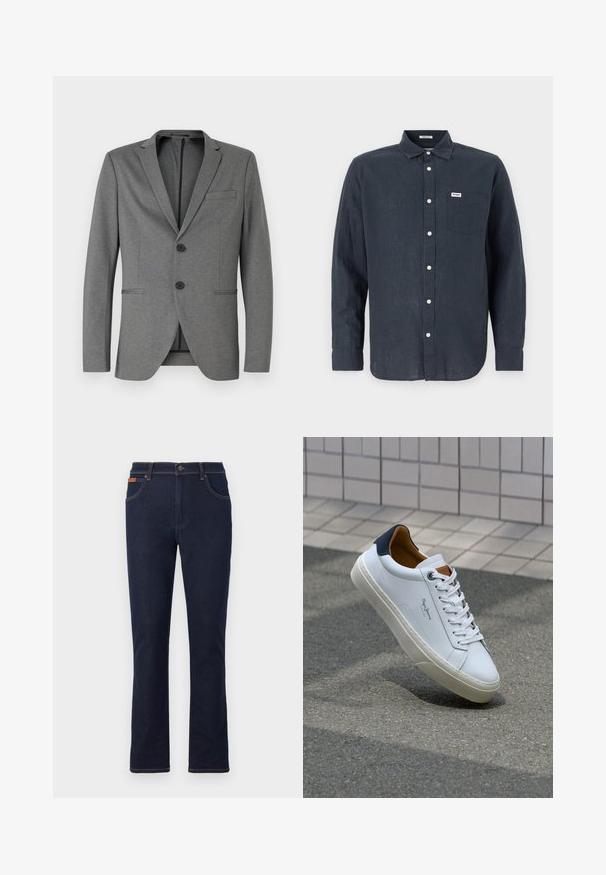 Gray blazer with two black buttons, notched lapels, and a single chest pocket. Made from textured fabric with a tailored fit.; Dark blue long-sleeve shirt made of linen, featuring a button-down collar, front pocket, and white buttons. Wrangler logo on the pocket.; Dark blue denim jeans with a straight leg cut, featuring orange stitching, five pockets, and a button closure at the waist.; White leather sneaker with a navy heel, round toe, and contrasting brown accents. Features flat laces and textured rubber sole.