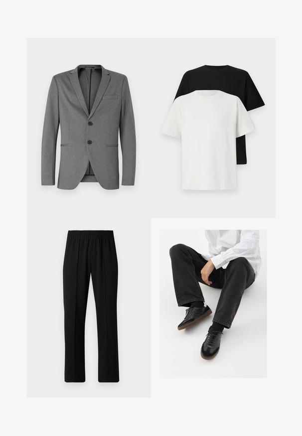 Gray blazer with two black buttons, notched lapels, and a single chest pocket. Made from textured fabric with a tailored fit.; Cotton t-shirt set featuring a black top and a white top, both with short sleeves, round neckline, and standard fit. Textured fabric.; Black, elastic-waist trousers with a straight-leg design, featuring a smooth texture and no visible patterns or hardware.; Black sneakers with a smooth and textured upper, featuring a rubber sole and dark laces. Paired with black jeans and a white striped shirt.