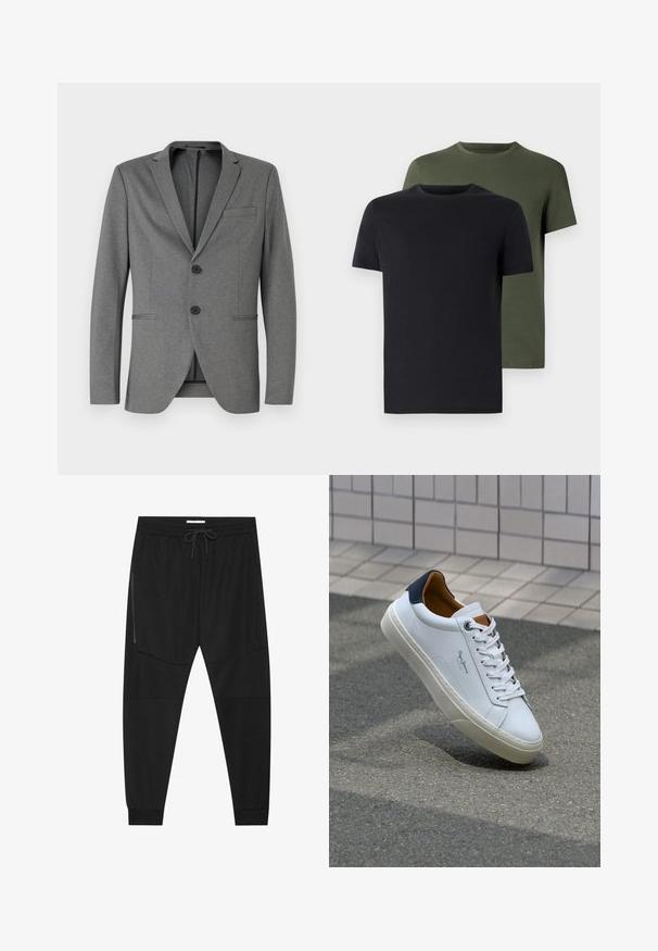 Grijze blazer met twee zwarte knopen, met gesneden revers en een enkele borstzak. Gemaakt van textuurstof met een getailleerde pasvorm.; Twee crew-neck t-shirts in zwart en olijfgroen, gemaakt van zachte katoen. Het ontwerp is eenvoudig met korte mouwen en een rechte snit.; Zwarte sportbroeken van textuurstof, met een verstelbare tailleband, een ritssluiting opzij en tapered boorden.; Witte leren sneaker met een marineblauwe hiel, ronde neus en contrasterende bruin accent. Beschikt over platte veters en een gestructureerde rubberen zool.