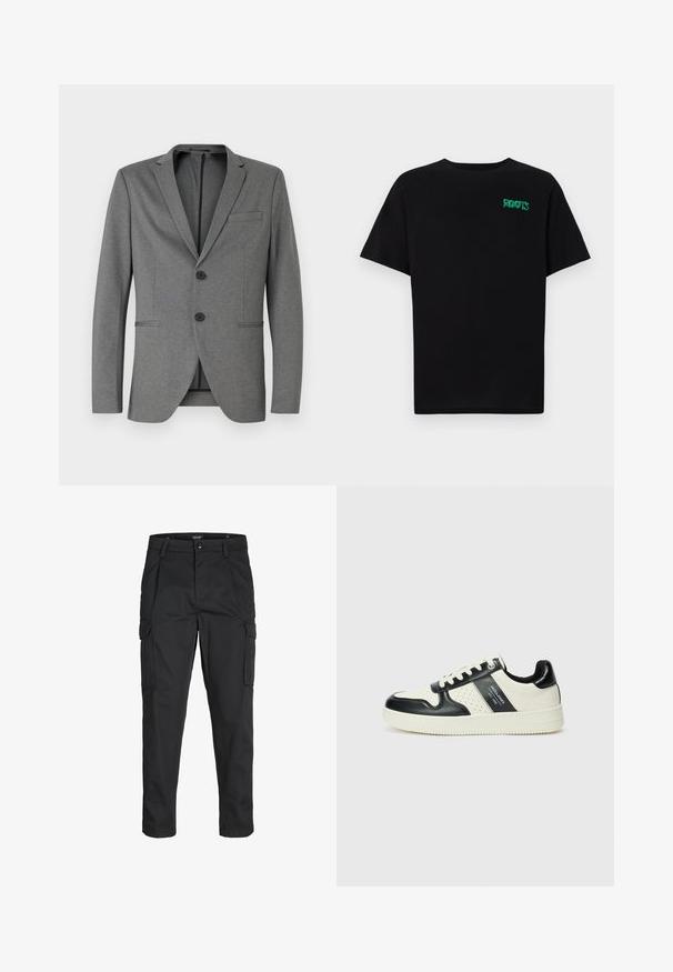 Hallgray bleiser kahe musta nupuga, sissetõmmatud kraega ja ühe rinnataskuga. Valmistatud tekstureeritud kangast ja loodud istuma täpselt.; Must t-särk, mis on valmistatud puuvillast, lühikeste varrukatega. Esipaneelil on roheline "ROOTS" logo, ümmargune kaelus ja tavapärane lõige.; Mustad mustapõlvik, mis on valmistatud tugeva koe kasutades, sisaldab mitmeid taskuid, nupule kinnitatav sulgemine ja kitsenev disain.; Nahatud nahkkingad musta ja kreemi värviskeemiga, millel on perforeeritud aktsendid, pehme krae ja tekstureeritud tallad.