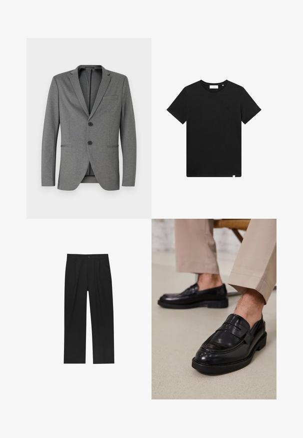 Szürke zakó, két fekete gombbal, nyakkivágással és egyetlen mellzsebbel. Textúrált anyagból készült, testhez simuló fazonban.; Fekete rövid ujjú pamut póló, kerek nyakkal és egy kis géppel hímzett logóval a mellrészen. Sima tapintás, szabványos illeszkedés.; Fekete nadrág egyenes szárú kialakítással, sima anyagból készült. Elöl redők és egy gombos záródás található a derékon.; Fekete bőr loaferek sima felülettel, díszítő pánttal és kontrasztos varrással, bézs nadrággal párosítva.