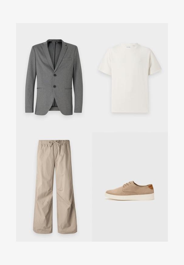 Hallgray bleiser kahe musta nupuga, sissetõmmatud kraega ja ühe rinnataskuga. Valmistatud tekstureeritud kangast ja loodud istuma täpselt.; Valge lühikeste varrukatega T-särk ribakudumises. Ümar kaelus, mugav lõige, nähtavad mustrid ega aksessuaarid puuduvad. Lihtne ja mitmekesine disain.; Beežid laiad püksid elastse vöökoha ja tõmbluku abil. Sile tekstuur, kaks küljetaskut ja minimaalsed õmblused, et tagada mugav istuvus.; Beežid nahast tossud ümarate varvastega, paeltega esiosa ja tekstuuriga tagakontuuriga. Valge kummist tallapakkumine loob kontrasti. Lihtne ja kaasaegne disain.