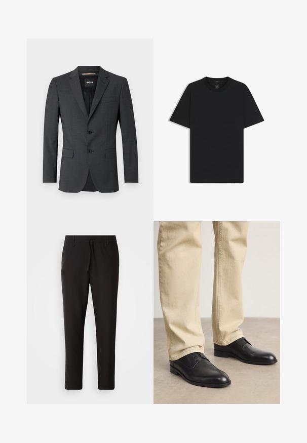 Ciemnoszary żakiet z dwoma guzikami, klapami oraz jedną kieszenią na piersi, wykonany z fakturowanej tkaniny. Podszewka zawiera metkę marki.; Czarny t-shirt krótki rękaw wykonany z gładkiej mieszanki bawełny, z okrągłym dekoltem i minimalistycznym designem bez wzorów czy akcentów.; Czarne spodnie dresowe wykonane z gładkiego materiału. Posiadają elastyczny pas ze sznurkiem, zwężane nogawki oraz brak widocznych kieszeni. Prosty design.; Czarne skórzane buty na sznurówki z zaokrąglonym czubkiem, gładkim wykończeniem i subtelnymi detalami szycia, noszone z jasnobeżowymi spodniami.