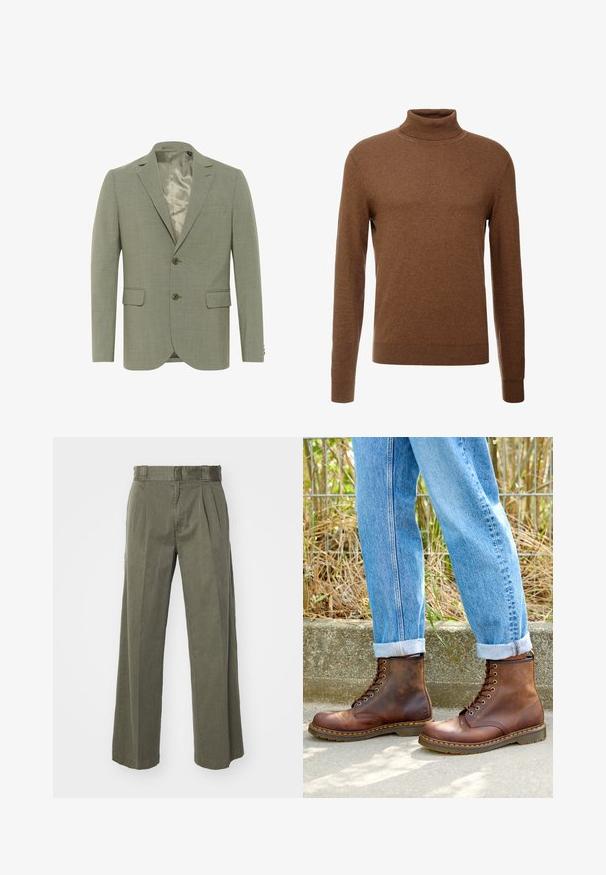 Svetlozeleni blejzer z teksturirano površino, enojni gumb, dva sprednja žepa in satenski notranji oblog. Ima dva gumba.; Rjav turtleneck pulover iz mehkega blaga, z dolgimi rokavi, rebrastimi manšetami in tesno prilegnjeno zasnovo brez vidnih vzorcev.; Olivno zeleni hlače z ohlapnim, širokim krojem in sprednjimi naborki. Narejene iz strukturirane tkanine s standardnim pasom in brez vidne strojne opreme.; Rjave usnjene gležnarje z gladko teksturo, osmimi luknjicami in rumenim šivanjem, v kombinaciji s spodnjimi modrimi kavbojkami, ki so zvite.