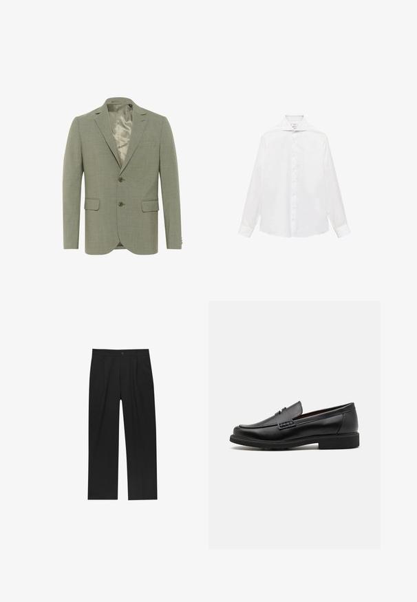 Ljusgrön blazer med en texturerad yta, enfärgad design, två framfickor och ett sidentyg i innerfodret. Har två knappar.; Vit långärmad skjorta med knappar och spetsig krage, med en slät yta och sju knappar fram.; Svarta byxor med rak ben-design, tillverkade av ett jämnt tyg. Har framfickor och en enkel knapplåsning i midjan.; Svart syntetiska loafers med en framträdande söm på framsidan, vadderad sula och platt gummiyttersula; elegant design med minimalt detaljerad.