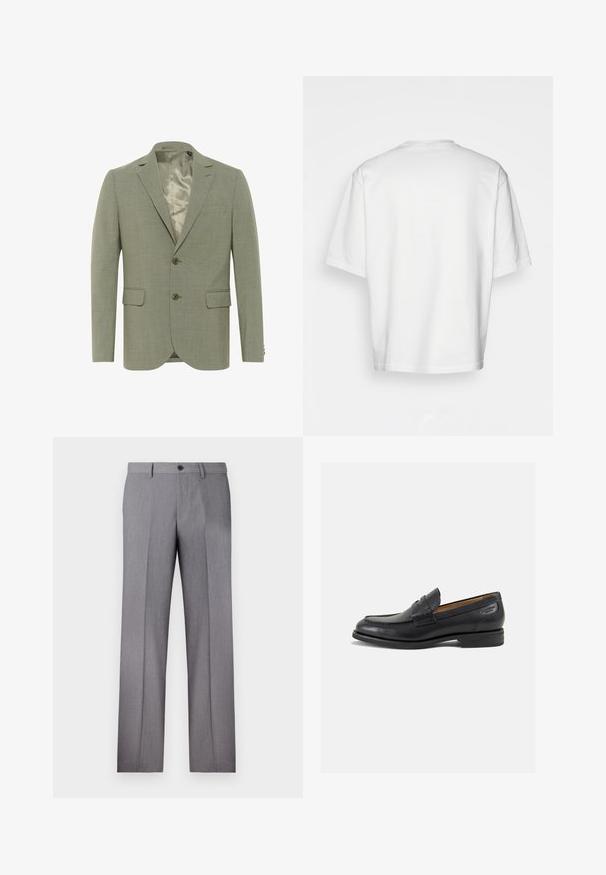 Šviesiai žalia švarkas su tekstūruota apdaila, vienos krūtinės dizainas, dvi priekinės kišenės ir satino vidinė pamušalas. Turėti du mygtukus.; Balta trumpa rankovėmis marškinėliai, laisvas kirpimas, apvalus iškirpimas, lygaus džinsinio audinio, nepuošta nugara, tiesiai kraštu, be raštų ar akcentų.; Pilkos pritaikytos kelnės su plokščiu priekiu, dviem šoninėmis kišenėmis ir vienu mygtuko užsegimu. Lygi tekstūra su subtiliu dryželiu.; Juodi odiniai loafersai su lygiu paviršiumi, apvaliu pirštu ir dekoratyvine siūlė viršuje. Žemas sustiprintas kulnas ir lengvas blizgesys.