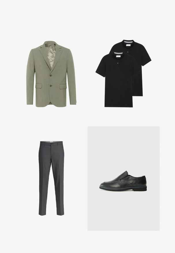 Hellgrüner Blazer mit strukturiertem Finish, einreihiges Design, zwei Fronttaschen und satinierte Innenauskleidung. Verfügt über zwei Knöpfe.; Zwei schwarze Polohemden, kurzärmlig, aus Baumwolle, mit einem klassischen Kragen, zwei Knöpfen und weißen Streifenakzenten im Inneren des Kragens.; Grau Dresspants mit geradem Schnitt, aus einem glatten Stoff gefertigt. Verfügt über einen Knopfverschluss und zwei Vordertaschen.; Schwarze Leder-Slipper mit glattem Obermaterial, gesteppten Akzenten, runder Zehenpartie und niedrigem Gummiabsatz. Die Sohle hat ein minimales Profil.