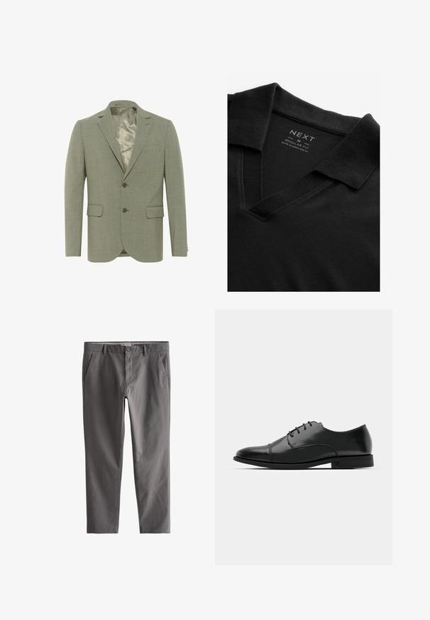 Svijetlozeleni sako s teksturiranim završetkom, jednostruko kopčanje, dva prednja džepa i satenska podstava. Sadrži dva gumba.; Crna polo majica s V-izrezom i teksturiranom tkaninom. Ima preklopljen okovratnik i oznaku s informacijama o marki i veličini. Redoviti kroj.; Sive hlače od mješavine pamuka s kopčanjem na gumb, omčama za remen, prednjim džepovima, krojenim krojem i glatkom teksturom.; Crne kožne cipele s okruglim prstom, s vezanjem, suptilnim detaljima šivanja i niskim potplatima. Glatka tekstura s poliranim finišem.