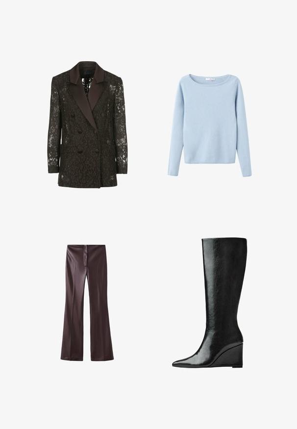 Mustassa pitsitakissa on satiinikaulus, kaksinkertainen edestä nappikiinnityksellä ja kaksi pääl pocketia, joissa on kukkakuviot.; Vaaleansininen pitkähihaine neulepaita, jossa on leveä pyöreä kaula-aukko, yksinkertainen tyyli sekä joustavat hihansuut ja helma.; Ruskeat levenevät housut, jotka on valmistettu sileästä kankaasta, jossa on kiiltävä viimeistely. Varusteena edessä vetoketju ja siisti vyötärönauha.; Polvisteeseen asti yltävät mustat nahkasaappaat, joissa on sulavalinjainen, terävä kärki ja viistolevy. Pintamateriaali on sileä ja kiiltävä.