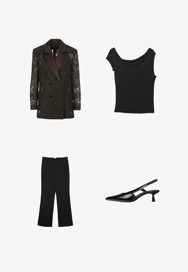 Černý krajkový blejzr s saténovým šálovým límcem, dvouřadým zapínáním na knoflíky a dvěma našitými kapsami, který zobrazuje květinové vzory.; Černý krátký rukáv top vyrobený z hladké látky; má drapovaný výstřih a asymetrický lem, s přiléhavým střihem.; Černé kalhoty s rovným střihem, s předními kapsami a bočními rozparky na lemu. Vyrobené z jemné, hladké tkaniny. Vhodné na různé příležitosti.; Černé lakované lodičky na podpatku se špičatou špičkou, výřezovým designem na boku a malým čtvercovým podpatkem. Hladká textura s minimálními akcenty.