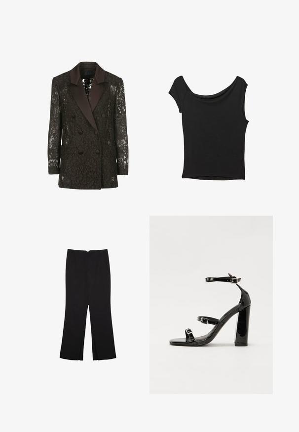 Mustassa pitsitakissa on satiinikaulus, kaksinkertainen edestä nappikiinnityksellä ja kaksi pääl pocketia, joissa on kukkakuviot.; Musta lyhythihainen paita, joka on valmistettu sileästä kankaasta; siinä on laskeutuva kaula-aukko ja epäsymmetrinen helma, sekä istuva malli.; Mustat housut suoralinjaisella leikkauksella, joissa on etutaskut ja sivurei'ät helman alla. Valmistettu pehmeästä ja sileästä kankaasta. Sopii eri tilaisuuksiin.; Musta kiiltävä korkokenkä sandaalit neliönmuotoisella varpaalla, nilkkaremmillä ja hopeisilla soljilla. Varustettu tukevalla lohkokorkealla vakauden takaamiseksi.