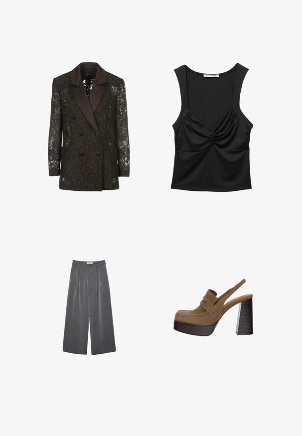 Czarny żakiet z koronki z satynowym kołnierzem typu szal, dwurzędowym zapięciem na guziki oraz dwiema naszytymi kieszeniami, zdobiony kwiatu patternami.; Czarny bezrękawnik wykonany z gładkiego materiału, z wywiniętym węzłem z przodu i luźnym krojem. Okrągły dekolt i szerokie ramiączka.; Plisowane spodnie o szerokich nogawkach w ciemnoszarym materiale z subtelną teksturą. Posiadają zapięcie na guzik oraz klasyczny krój pasa.; Brązowe zamszowe platformy na obcasie z grubym, żebrowanym słupkiem i szerokim paskiem na górze, ze zaokrąglonym noskiem.