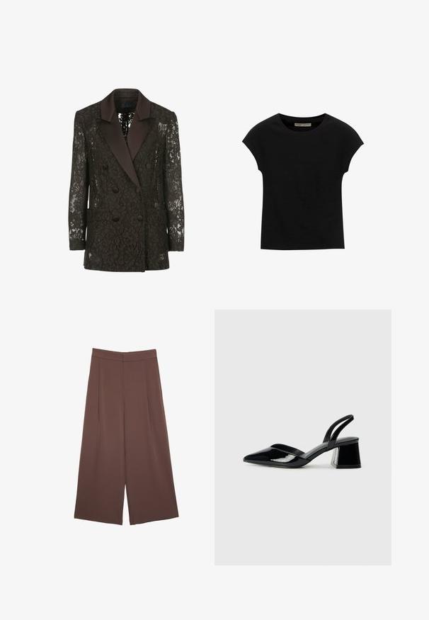 Czarny żakiet z koronki z satynowym kołnierzem typu szal, dwurzędowym zapięciem na guziki oraz dwiema naszytymi kieszeniami, zdobiony kwiatu patternami.; Czarna koszulka z krótkim rękawem, wykonana z miękkiego materiału, z okrągłym dekoltem i luźnym krojem, o gładkiej fakturze i bez wzorów.; Brązowe spodnie o szerokich nogawkach z gładką fakturą, z wysokim stanem i plisami z przodu. Materiał jest lekki i luźno opada.; Czarne lakierowane półbuty na obcasie z wydłużonym noskiem i geometrycznym słupkiem. Charakteryzują się eleganckim, minimalistycznym designem oraz gładką fakturą.