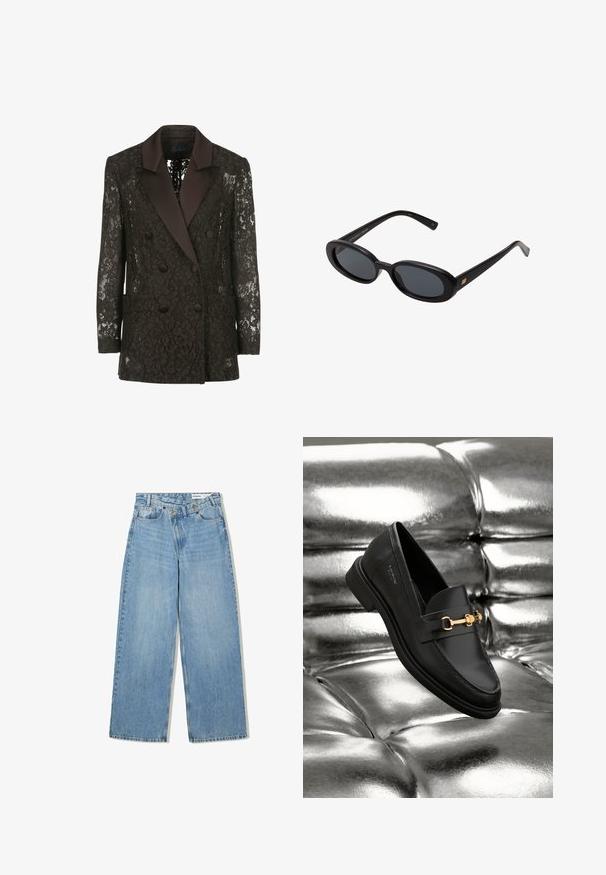 Schwarzer Spitzenblazer mit satinierter Schalkragen, doppelt geknöpftem Vorderteil und zwei aufgesetzten Taschen, das florale Muster zeigt.; Schlichtes weißes Langarmshirt mit Rundhalsausschnitt, von hinten gezeigt, flach auf einem weißen Hintergrund ausgelegt.; Hellblaue weite Jeans aus Denim, mit hoher Taille, fünf Taschen, Knopfverschluss und dezentem Verblassen für Textur.; Schwarze Leder-Loafer mit goldfarbener Hardware. Der Schuh zeichnet sich durch ein elegantes Design und eine glatte, glänzende Oberfläche aus.; Schwarze, oversized Sonnenbrillen mit ovalen Gläsern, glattem Kunststoffrahmen und goldenen Akzenten an den Bügeln. Die dunklen Gläser bieten Sonnenschutz.; Weiche braune Hobo-Stil Handtasche mit einem einzigen breiten Trageriemen und einer geschwungenen Oberteilöffnung, auf einem weißen Hintergrund präsentiert.