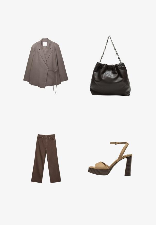 Taupe damesblazer met lange mouwen, geknipt reverskraag en zijsluiting met strik, gemaakt van lichtgewicht stof.; Donkerbruin gebreide trui met een ronde halslijn, verlaagde schouders, ribbelmanchetten en -zoom, met een zachte textuur en een ontspannen pasvorm.; Brede bruine spijkerbroek van denim, met een hoge taille, voorzakken en een klassieke knoopsluiting. Soepele textuur met subtiele stiksels.; Beige suède hoge hakken sandalen met een brede voorband en enkelband, met een dikke houten blokhak met een gestructureerde afwerking.; Bruine leren tas met een geplooide bovenkant en een kettinghengsel. Glad textuur met een glanzende afwerking en subtiele naaddetails aan de zijkanten.