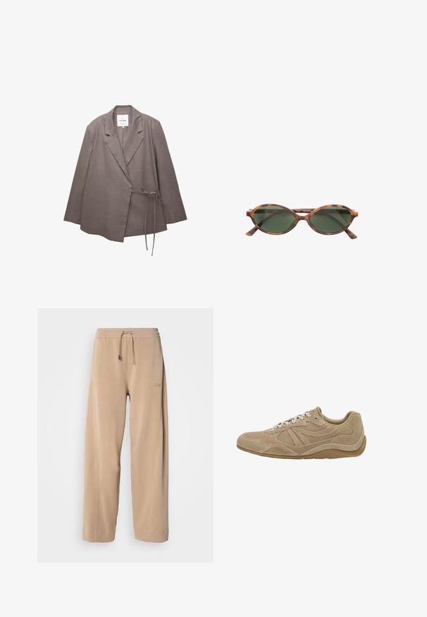 Hnedo-sivý dámsky sako s dlhými rukávmi, s výstrihom do "V" a bočným uzáverom na viazanie, vyrobené z ľahkej tkaniny.; Biela, dlhá rukávová tričko vyrobené z jemnej bavlny, s okrúhlym výstrihom a dizajnom s padnutými ramenami, uvoľneného strihu a bez viditeľných vzorov.; Béžové, široké nohavice z jemného materiálu s elastickým pásom a šnúrkou na zaväzovanie. Obsahujú diskrétne logo na boku a bočné vrecká.; béžové semišové tenisky s nízkym profilom, textúrovaným povrchom a bielymi šnúrkami. Majú zakrivený dizajn a gumovú podrážku pre lepšiu priľnavosť.; Hnedé želvovinové slnečné okuliare s oválnymi sklami a tmavozeleným odtieňom. Majú tenké, priame nožičky a diskrétne logo na ráme.; Hnedá kožená taška s dvojitými uchami a odnímateľným ramenným popruhom. Obsahuje zlatý zámok a textúrovaný povrch.