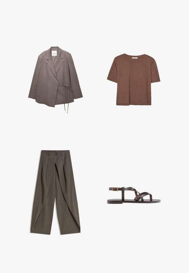 Taupe women's blazer with long sleeves, notched lapel collar, and side tie closure, made of lightweight fabric.; Brown short-sleeve t-shirt made of soft fabric, with a round neckline and relaxed fit. No visible patterns or accents.; Wide-leg trousers made of a textured, dark gray fabric. Features a front pleat, button closure, and side pockets for practicality.; Brown leather sandal featuring crisscross straps, an ankle buckle closure, and a flat sole with minimal stitching details.