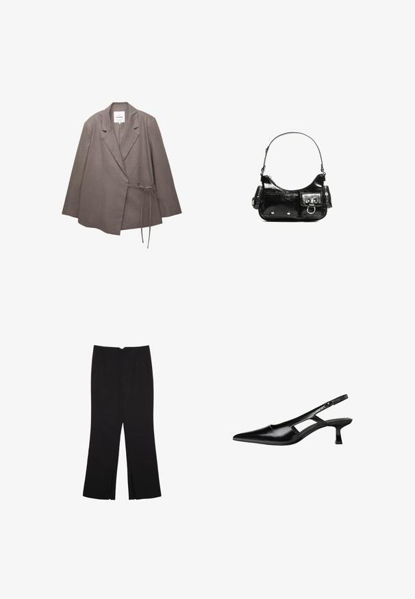 Taupe kvinders blazer med lange ærmer, almindelig krave og sidebåndlukning, lavet af letvægtsstof.; Sort tank top lavet af bomuld, med rund halsudskæring og brede armhuller. Glat tekstur med syede kanter. Klassisk, minimalistisk design.; Sorte bukser med lige pasform, der har frontlommer og slidser i kanten. Lavet af blødt, glat stof. Velegnet til forskellige anledninger.; Sorte patentlæder slingback hæle med spids tå, udskåret sideskærm og en lille firkantet hæl. Glat tekstur med minimale detaljer.; Sort patenteret læder håndtaske med en buet form, en skulderrem, frontlommer og hardware accenter i sølvfarve.