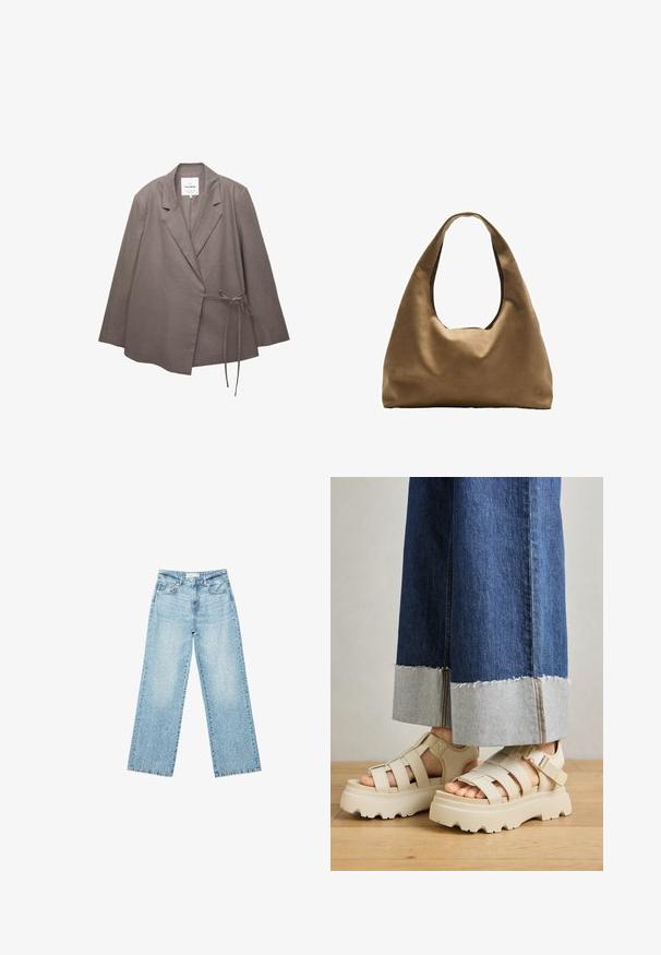 Taupe ženska blazer jakna z dolgimi rokavi, s spuščeno ovratnico in stranskim vezanjem, izdelana iz lahkega materiala.; Bela kratka majica s kratkimi rokavi iz bombaža. Ima okroglo izrezovanje in sproščen kroj. Gladka tekstura brez vidnih vzorcev ali poudarkov.; Svjetloplave široke traperice s visokim strukom, s izblijedjelim pranjem i malim, raštrkanim oštećenjima po cijelom dijelu.; Bež platformske sandale s debelimi podplati imajo trakove in nastavljive gležnjske trakove. Ustrezajo širokim jeans hlačam, pri katerih je eden robov razfrčan.; Brahna torba preko rame iz rjave tkanine s širokim, zaobljenim tijelom i velikim izrezanim ručkom. Meka tekstura, minimalistički dizajn i bez vidljivih metalnih dijelova.