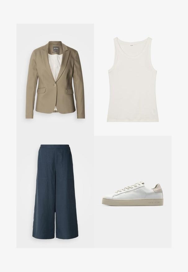 Mos Mosh BLAKE NIGHT - Bleizeris - mermaid; Balta medvilnės marškinėliai be rankovių su plačiu kaklu ir plonomis petnešėlėmis. Lygus paviršius be matomų raštų ar papuošimų.; Platų kojų kelnės tamsiai mėlynos spalvos, pagamintos iš lengvos medžiagos. Turtinga šiek tiek tekstūruota paviršiaus, elastinga juosmens juosta ir priekiniai siūlai.; Balti odiniai sportbačiai su lygiu paviršiumi, šviesiai rudos suede akcentais, apvalia nosimi, plokščiu raištelių užsegimu ir tekstūruotu guma pagamintu padu.