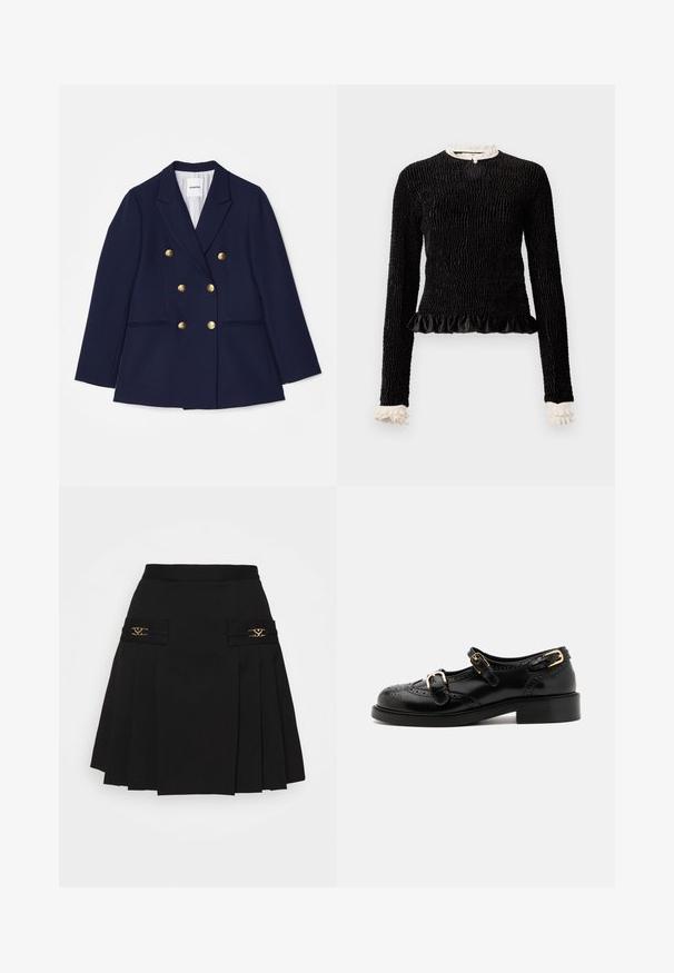 Jūras zilas divrindas blazeris, izgatavots no auduma ar zelta toņu pogām, iegrieztām atkārtotām cilpām un divām priekšējām kabatām. Iekšpusē ir svītraina oderējums.; Melnas garām piedurknēm blūze ar teksturētu audumu, viļņotu apakšmalu un baltajiem viļņotajiem akcentiem apkaklē un piedurkņu galos. Iekļauj centrālo aplokšņu aizdari.; Melna plisuota svārki ar zelta apdari. Funkcijas sānu kabatas ar logotipa detaļām, izgatavoti no gludas materiāla. A-līnijas siluets.; Melnas ādas kurpes ar brogue detaļām, ar diviem sprādžu siksnām, noapaļotu purngalu un zemu papēdi. Gluda tekstūra ar spīdīgu apdari.