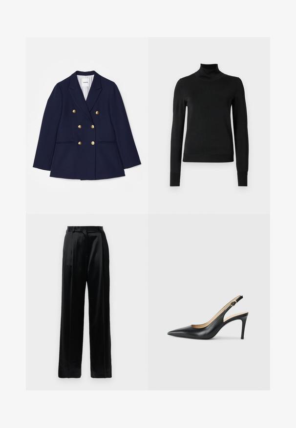 Mornarsko modra dvoredna blazer jakna, izdelana iz blaga z zlatimi gumbi, z ovratnikom in dvema sprednjima žepoma. Notranjost ima črtasto podlogo.; Črni pulover s dolgimi rokavi in vratnikom, z rebrastimi манжетами in robom, prikazan na enobarvni beli podlagi.; Črne satenske hlače visoke pasu z ravnimi širokimi nogami, z zankami za pas in ravnim sprednjim zapiranjem na enobarvni beli podlagi.; Črne usnjene petke s slingback obliko, ostro konico, nastavljivim trakom in elegantnim stiletto peto, s gladko obdelavo.
