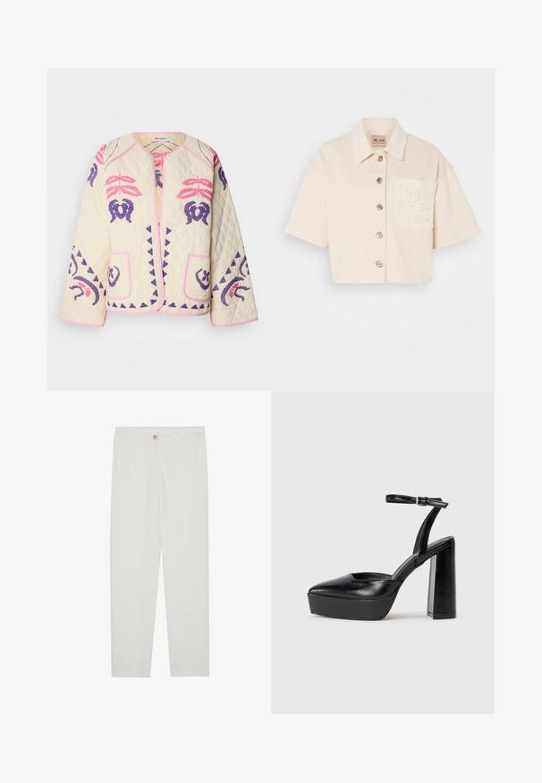Quiltet jakke i kremfarve med pink og lilla broderede mønstre, der har to forlommer og en rund hals med pink kantbånd.; Afskåret kortærmet skjorte i lys beige bomuld med knaplukning, spidse krave og broderet lomme detalje.; Hvide, skrædderlavede bukser med lige ben design, udstyret med knaplukning, bæltesløjfer og sidelommer; glat stoftekstur.; Sorte platformhæle med spidse tæer og justerbar ankelrem. Construeret i glat læder, med en kraftig blokhæl.