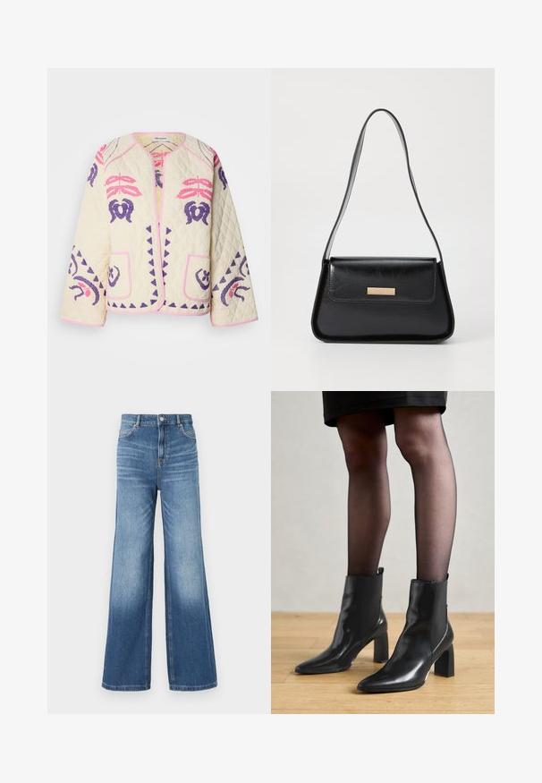 Kvadrični kaput u krem boji s ružičastim i ljubičastim vezom, s dva prednja džepa i okruglim izrezom s ružičastim obrubom.; Crna bezrukavna majica s visokim ovratnikom, izrađena od glatkog materijala. Prilagođeni dizajn s visokim ovratnikom i ravnim rubom, minimalistički i u jednobojnoj boji.; Svijetloplave traperice širokog kroja s visokim strukom, koje imaju pet džepova, petlje za remen i suptilni efekt izbljeđivanja prema rubu.; Crne kožne gležnjače s šiljastim vrhom, robusnim četvrtastim potplatom i elegantnim dizajnom. Imaju elastične bočne panele za jednostavno oblačenje.; Crna kožna torba s oblikom ugla, s tankom trakicom i zlatnim detaljima, koja ima oznaku s logom na prednjem preklopu.; Zlatne okrugle naušnice s teksturiranim, nepravilnim oblikom. Imaju nevidljivo zatvaranje i polirani završni sloj, što naglašava moderan dizajn.