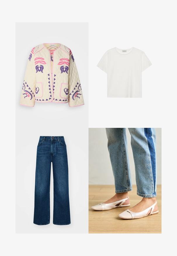 Kurtka pikowana w kremowym kolorze z różowymi i purpurowymi haftowanymi wzorami, z dwiema przednimi kieszeniami i okrągłym dekoltem z różowym obszyciem.; Biała koszulka z krótkim rękawem wykonana z miękkiej bawełny. Posiada okrągły dekolt i luźny krój. Czysty design bez widocznych wzorów czy akcentów.; Jeans o wysokim stanie i szerokich nogawkach w ciemnoniebieskim deninie o gładkiej fakturze, z kontrastowymi szwami i pięcioma kieszeniami. Zapięcie na guzik z przodu.; Jasnoróżowe baleriny na odkrytej pięcie z wąskim noskiem, wykonane z gładkiego materiału imitującego skórę. Posiadają wycięcia po bokach oraz płaski obcas.