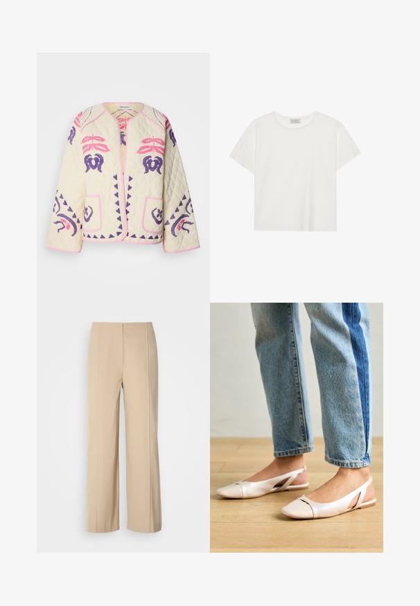 Prešívaná bunda v krémovej farbe s ružovými a fialovými vyšívanými vzormi, má dve predné vrecká a okrúhly výstrih s ružovým lemovaním.; Biele tričko s krátkymi rukávmi vyrobené z jemnej bavlny. Má okrúhly výstrih a voľný strih. Čistý dizajn bez viditeľných vzorov alebo akcentov.; Beige nohavice s širokými nohavicami vyrobené zo štruktúrovaného materiálu, s minimalistickým dizajnom a prestrihmi s plochým pásom.; Svetloružové slingback baleríny s jemne špicatou špičkou, vyrobené z hladkého materiálu pripomínajúceho kožu. Majú výrezové detaily na stranách a plochý opätok.