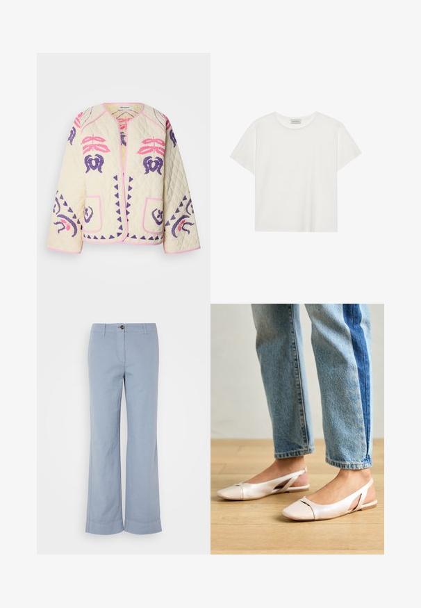 Krém színű steppelt dzseki, rózsaszín és lila hímzett mintákkal, két elülső zsebbel és kerek nyakkivágással, rózsaszín szegéllyel.; Fehér, rövid ujjú póló, puha pamutból készült. Kerek nyakkivágással és laza szabással rendelkezik. Tiszta dizájn, látható minták vagy díszítések nélkül.; Világoskék vászon nadrág egyenes szárakkal, gombos záródással és felhajtott szegéllyel. Simás textúra, hétköznapi viseletre tervezve.; Világos rózsaszín slingback laposlábú cipők, hegyes orral, sima bőrhatású anyagból készült. Oldalt kivágott részletek találhatók rajta, valamint lapos sarkú.