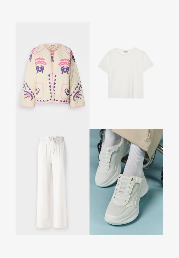 Kvadruota jaka krēmkrāsā ar rozā un purpura izšūtiem rakstiem, ar divām priekšējām kabatām un apaļu kakla izgriezumu ar rozā apmalēm.; Balts īsām piedurknēm T-krekls, kas izgatavots no mīksta kokvilnas. Tam ir apaļš izgriezums un brīvs piegriezums. Tīrs dizains bez redzamām rakstiem vai akcentiem.; Baltas platās bikses, izgatavotas no mīkstas auduma, ar punktu jostas vietā un gludu tekstūru. Nav redzami raksti vai rotājumi.; Baltie sporta apavi ar sietu materiālu, gumijas zoli, bez šņoru dizainu ar elastīgām beigām un zeltainiem akcentiem.