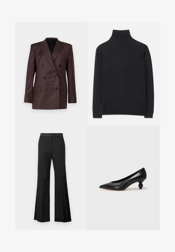 Theory Blazer - hickory; Pull à col roulé noir en tissu doux. Il dispose de manches longues, d'un col montant et de bords côtelés pour un look cintré.; Pantalons évasés noirs avec une finition en tissu lisse, dotés d'une taille solide et de plis marqués pour une apparence soignée.; Chaussure à talon haut en cuir noir avec un bout pointu et un talon arrondi. Texture lisse avec un design épuré et minimal.