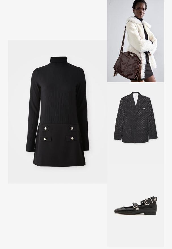 Sort blazer med en struktureret overflade, der har gentagne halvmåneformer, to sidelommer og en brystlomme. Foret inderside.; Sort ribbet turtleneck kjole med lange ærmer, med en tætsiddende overdel og en udvidet nederdel med to forlommer og knapper i guldfarve.; Sorte patenteret lædersko med firkantet tå, ankelrem med sølvhardware og flad sål. Glat tekstur med minimalistisk design.; Brun læderhåndtaske med en tekstureret overflade, plisserede kanter og sidehængsler; har en aftagelig skulderrem med metaldetaljer.