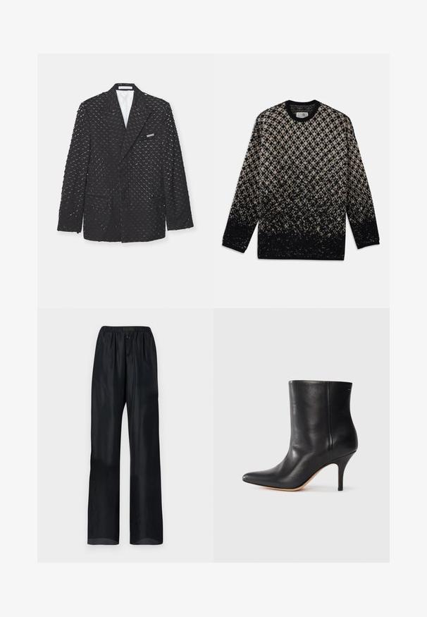Sacou negru cu o suprafață texturată, având forme de semilună repetate, două buzunare laterale și un buzunar pe piept. Interior căptușit.; Pulover tricotat cu un model în diamant în nuanțe de bej și negru, cu o degradare graduală a culorilor. Guler rotund și mâneci lungi. Textură moale.; Pantaloni negri, ușori, cu o croială lejeră, având un brâu elastic și două nasturi anteriori. Textură netedă cu un design drept al picioarelor.; Botină neagră din piele cu vârf ascuțit, toc subțire de tip stiletto și textură netedă. Design minimalist fără hardware sau accente vizibile.