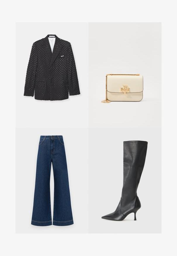 Czarna marynarka o teksturowanej powierzchni z powtarzającymi się kształtami półksiężyca, z dwoma bocznymi kieszeniami i kieszenią na klatce piersiowej. Podszewka wewnętrzna.; Czarna bluzka z długim rękawem i spiczastym kołnierzykiem, z ukrytą plaketą guzikową oraz zaokrąglonym dołem na jednolitym białym tle.; Szerokie dżinsy w kolorze niebieskim z wysokim stanem, z zapięciem na guzik, szlufkami na pasek oraz subtelnymi detalami stębnowania wzdłuż kieszeni i brzegów.; Czarne skórzane botki do kolan z ostrym noskiem i wąskim obcasem w szpilkę. Gładka tekstura z dopasowanym krojem i przeszyciem na górnej krawędzi.; Kremowa skórzana torba na ramię z złotym łańcuchem, z akcentem złotego logo z przodu oraz prostymi, eleganckimi liniami.