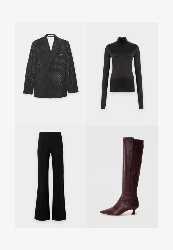 Blazer nero con una superficie testurizzata che presenta forme a mezzaluna ripetute, due tasche laterali e una tasca sul petto. Interno foderato.; Maglione a maniche lunghe nero con collo alto, realizzato in un tessuto liscio e elasticizzato. Design aderente con collo alto e senza motivi o decorazioni visibili.; Pantaloni neri a zampa d'elefante con vita alta, realizzati in tessuto elastico. Presentano dettagli di cucitura verticale nella parte anteriore e una texture liscia.; Stivale al ginocchio in pelle bordeaux con punta affusolata e tacco kitten sottile. Texture liscia con dettagli minimi e silhouette aderente.