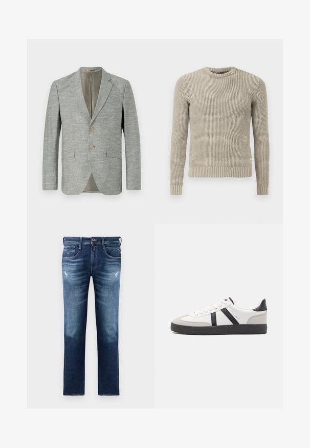 Svijetlo sivi blejzer izrađen od teksturiranog materijala, s dva prednja džepa, reverima na izrez i dva dugmeta. Unutrašnjost obložena bež bojom.; Bež pleteni džemper s dugim rukavima, rebrastim manžetama i rubom, okruglim izrezom, teksturiranim uzorkom, izrađen od mekanog materijala.; Plave traperice s regular fit krojem, s blijedom pranjom, blagim oštećenjima, pet džepova i kontrastnim šavovima. Dugme za zatvaranje u struku.; Bijele tenisice s crnim i sivim detaljima, s teksturiranim sivim zaštitnikom prstiju, crnim gumene potplate i ravnim bijelim vezicama. Čist dizajn, minimalistički stil.