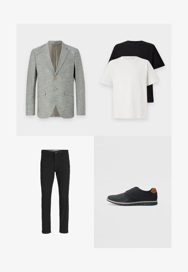 Hele hall värvi bleiser tekstureeritud kangast, millel on kaks esikotti, sälguga krae ja kaks nööpi. Sisekate on beež.; Puuvillane t-särkide komplekt, mis sisaldab musta ja valget särk, mõlemad lühikeste varrukatega, ümmarguse kaelusega ja standardse lõikega. Tekstuuriga kangas.; Mustast puuvillasegustest pükstest õhukese lõikega, milles on nööbikinnitus, taskud ja keeratud sääred, et saavutada lõdva lõppviimistluse.; Mustavad sünteetilised jalatsid tekstureeritud pealsega, siledad aktsendid, pruun kand ja kontrastne tall. Omab minimaalset lukkude ja õmbluste dekoratsiooni.