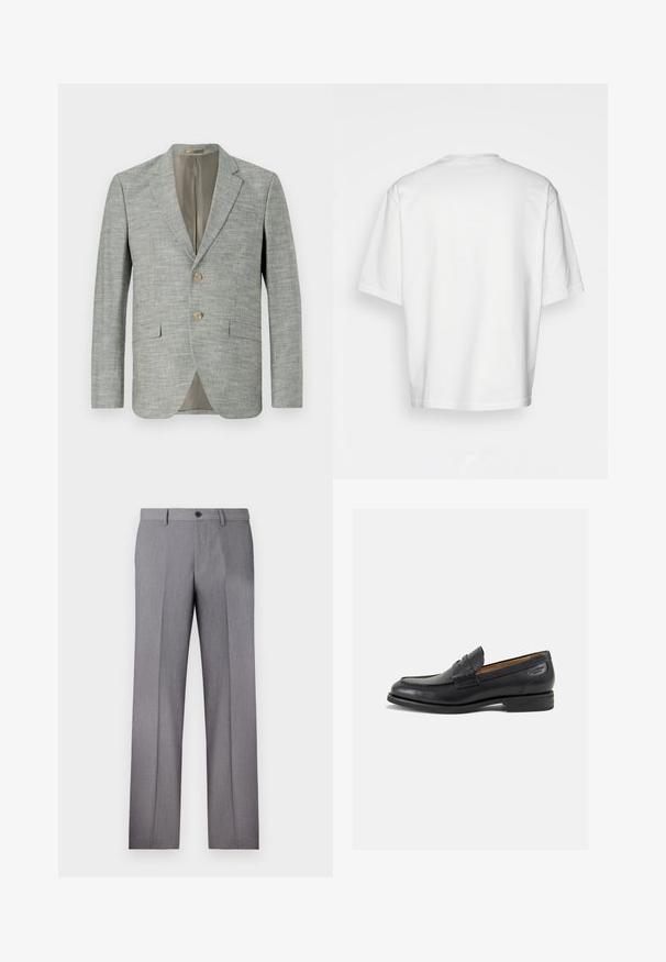Šviesiai pilkas švarkas, pagamintas iš tekstūruotos medžiagos, su dviem priekiniais kišenėmis, notch tipo atvartais ir dviem mygtukais. Viduje bežinės spalvos pamušalas.; Balta trumpa rankovėmis marškinėliai, laisvas kirpimas, apvalus iškirpimas, lygaus džinsinio audinio, nepuošta nugara, tiesiai kraštu, be raštų ar akcentų.; Pilkos pritaikytos kelnės su plokščiu priekiu, dviem šoninėmis kišenėmis ir vienu mygtuko užsegimu. Lygi tekstūra su subtiliu dryželiu.; Juodi odiniai loafersai su lygiu paviršiumi, apvaliu pirštu ir dekoratyvine siūlė viršuje. Žemas sustiprintas kulnas ir lengvas blizgesys.