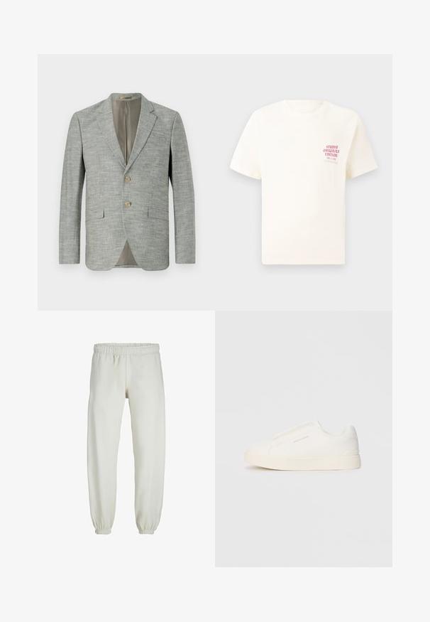 Svetlo sivi blazer iz teksturirane tkanine, s dvema sprednjima žepoma, z zaznamki na ovratniku in dvema gumboma. Notranjost oblečena v bež barvo.; Bela majica s kratkimi rokavi z rdečim napisom "Studio Originals Edition" na levi strani prsnega koša, prikazana na nevtralnem sivo backgroundu.; Bele trenerke narejene iz mehkega blaga, z elastičnim pasom in manšetami, gladke teksture in ohlapnega kroja.; Bele zapete brez vezalk z teksturirano površino, debelim podplatom in minimalističnim dizajnom. Na strani se nahaja logotip blagovne znamke.