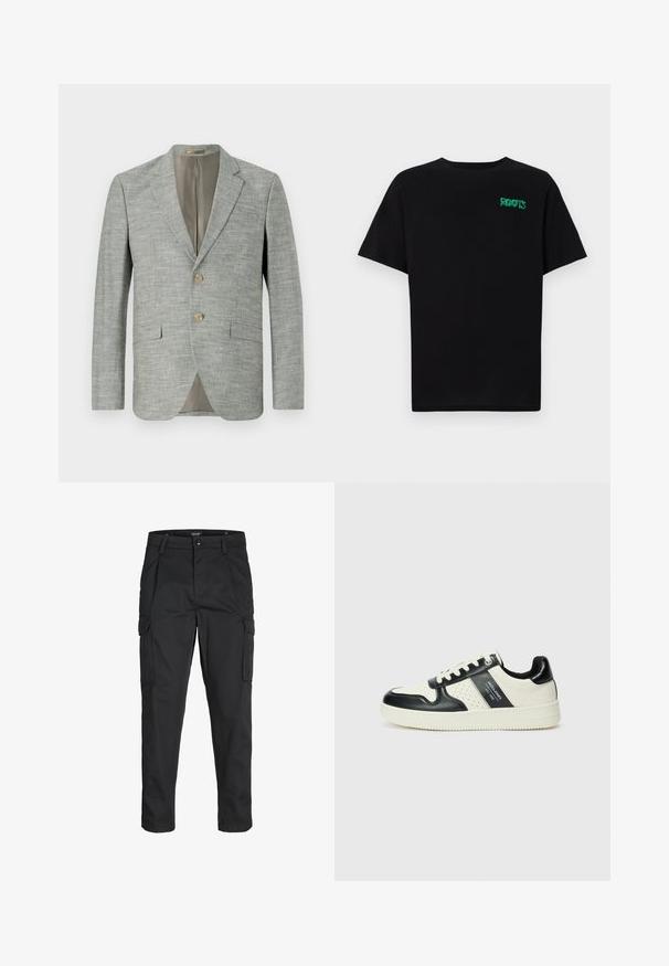 Light gray blazer made of textured fabric, featuring two front pockets, notch lapels, and two buttons. Interior lined in beige.; Black t-shirt made of cotton with short sleeves. Features a green "ROOTS" logo on the front, round neckline, and standard fit.; Black cargo pants made of sturdy fabric, featuring multiple pockets, a button closure, and a slim fit design with tapered legs.; Leather sneakers with a black and cream color scheme, featuring perforated accents, a padded collar, and a textured outsole.