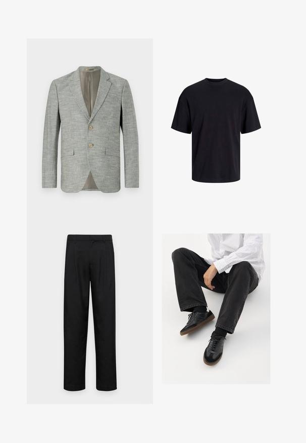 Hele hall värvi bleiser tekstureeritud kangast, millel on kaks esikotti, sälguga krae ja kaks nööpi. Sisekate on beež.; Must must on mustre, lühikeste varrukatega ja vabalt langev. Sile tekstuur ja ilma nähtavate mustrite või aktsentideta.; Mustad mustadest riietest, millel on sirge jalgade disain, kaks eesmist voltimist ja tavaline vöökoht, millel on vöökohad.; Mustad spordijalatsid siledast ja tekstuurilisest ülemisest osast, millel on kummist tald ja tumedad nöörid. Kombineeritud mustade teksade ja valge triibulise särgiga.