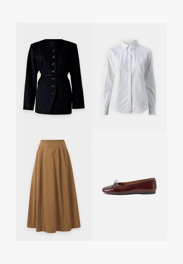 Black blazer with a V-neckline, long sleeves, six front buttons, a belted waist, and two side pockets, made from a textured fabric.; White button-up shirt made of smooth cotton, featuring a classic collar, long sleeves, and a curved hem. Buttons are small and white.; Brown cotton A-line skirt with a high waist, featuring pleats down the front and a smooth texture. Hem finishes are clean and simple.; Burgundy patent leather ballet flat with a rounded toe, small bow accent at the front, and a low, black rubber sole. Smooth texture.