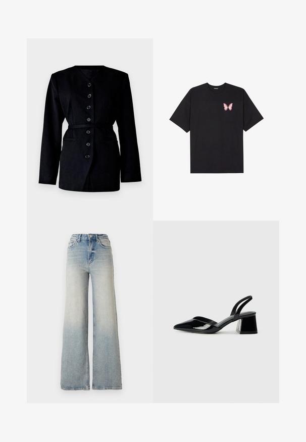 Black blazer with a V-neckline, long sleeves, six front buttons, a belted waist, and two side pockets, made from a textured fabric.; Black cotton t-shirt with short sleeves, featuring a small pink butterfly graphic on the left chest. Crew neck design with a relaxed fit.; Light blue wide-leg jeans made of denim, featuring a high waist, five pockets, and visible stitching along the seams.; Black patent leather slingback heels with a pointed toe and a geometric block heel. Features a sleek, minimal design and smooth texture.