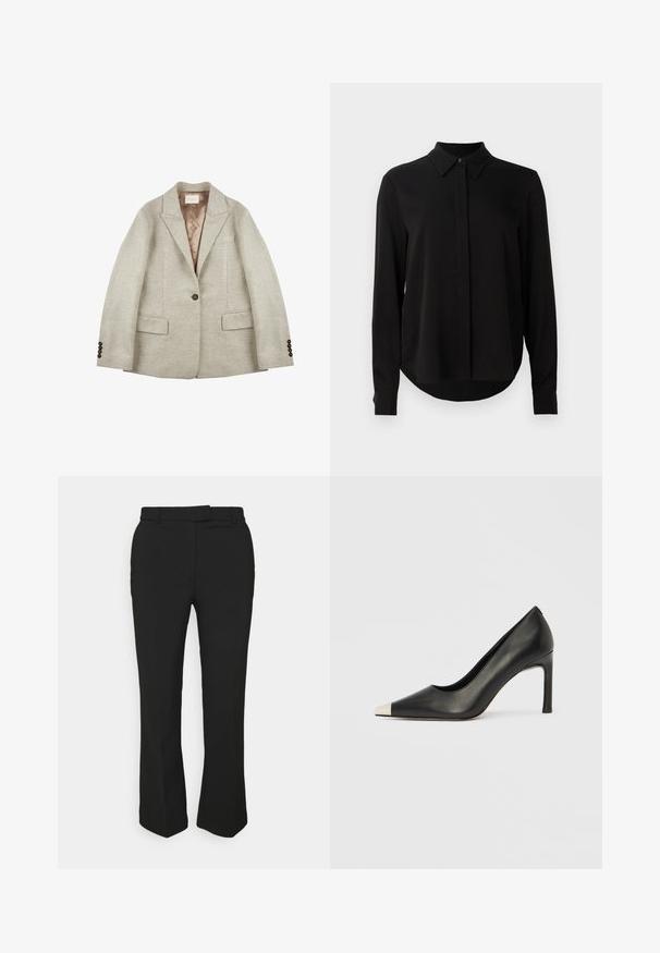 Blazer gris claro con una tela texturizada, solapas de muesca, dos bolsillos frontales y botones marrones en las mangas. Forro interior de satén visible.; Blusa negra de manga larga con cuello puntiagudo, tapeta de botones oculta y dobladillo curvado sobre un fondo blanco liso.; Pantalones negros ajustados con un diseño de pierna recta, que cuentan con pasadores para cinturón y bolsillos laterales. Elaborados con una tela suave y un acabado limpio.; Zapato de tacón alto de cuero negro con punta en forma de pico y una tapa metálica plateada. Presenta un acabado suave y un tacón delgado de 10 cm.