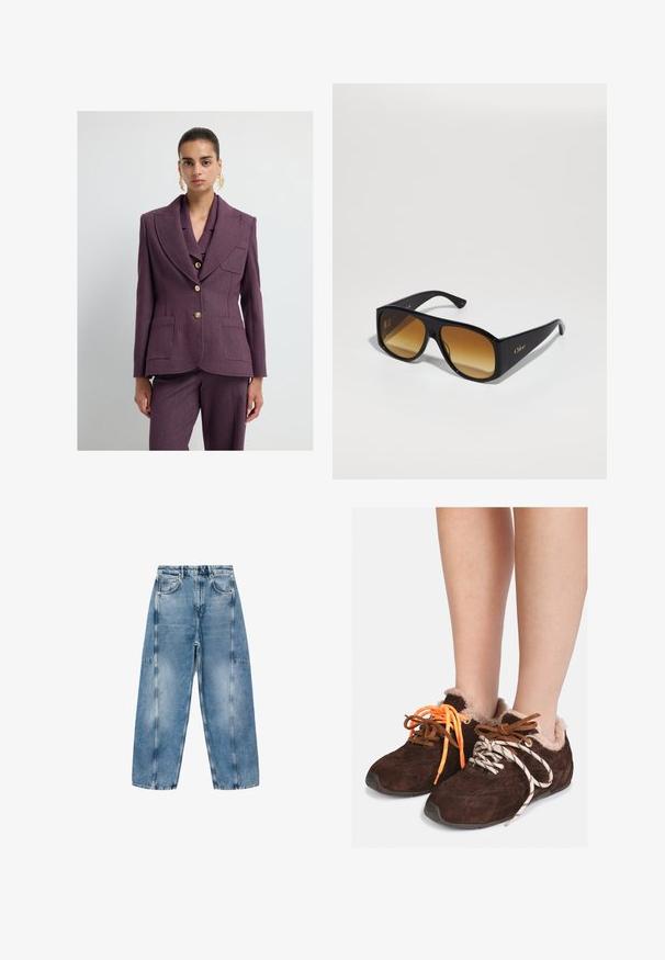 Lila skräddarsydd kavaj tillverkad av textil med struktur, med bred krage, två framfickor och knappar i guldton.; Grå kortärmad tröja gjord av mjukt, fluffigt material. Har långa ärmar och en rund halsringning, med en slät, lätt textur.; Vit kortärmad T-shirt i mjuk bomull, med rund halsringning och en avslappnad passform med upprullade fållar. Inga mönster eller detaljer.; Ljust blå denimjeans har en avslappnad passform, stora fickor och kontrasterande sömmar. Tyget har en blekt finish med en slät yta.; Bruna mockakängor utan snörning med pälsfoder, portade på bara fötter, med snörning i olika färger: en orange och en vit med svarta ränder.; Svarta rektangulära solglasögon med bruna gradientlinser. Tillverkade av plast, med en slät yta och en subtil guld-logotyp på skalmen.