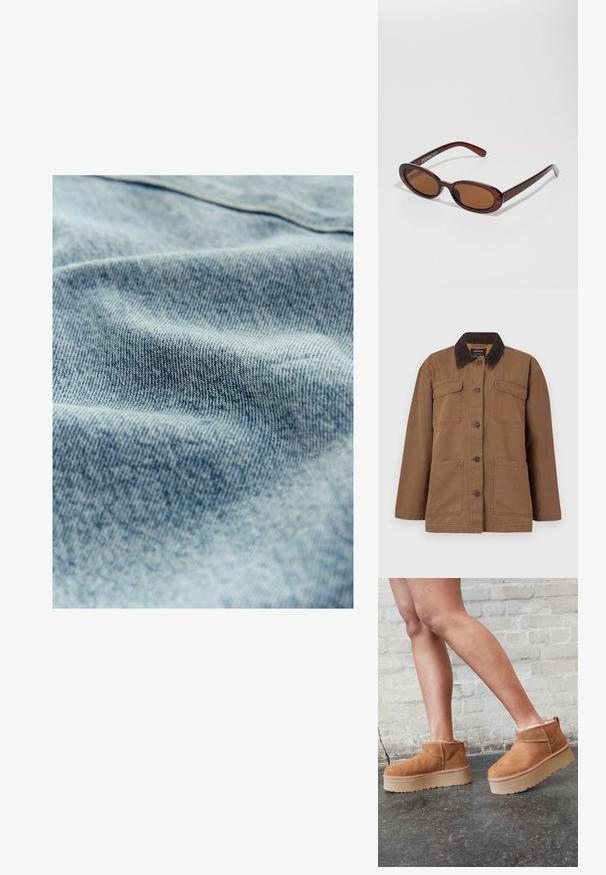 Braune Jacke aus strapazierfähigem Stoff, mit einem Cordkragen, vier Taschen, Knopfverschluss und geradem Schnitt.; Helles blaues Denim-Gewebe mit einer subtilen Textur und sichtbarem Webmuster, das leichte Farb- und Weichheitsvariationen aufweist.; Braune Wildleder-Stiefeletten mit einem weichen Futter, dicker beige Plateau-Sohle und einer Zuglasche auf der Rückseite. Strukturiert Oberfläche mit sichtbaren Nähdetails.; Runde, braun getönte Sonnenbrillen mit einem glänzenden burgunderfarbenen Rahmen. Schlanke Bügel mit dezentem Branding. Flaches Linsendesign.